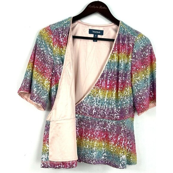 Modcloth Womens Size M Wrap Rainbow Peplum Top Blouse Sequin Surplice Party E1 - Picture 6 of 12